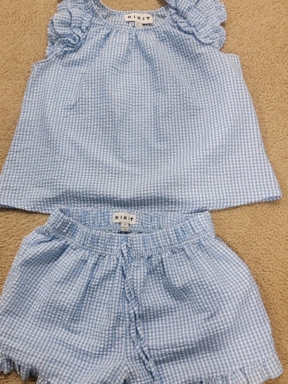 KikiT Light Blue Gingham Crop Top and Shorts Two-Piece Set Size SMALL